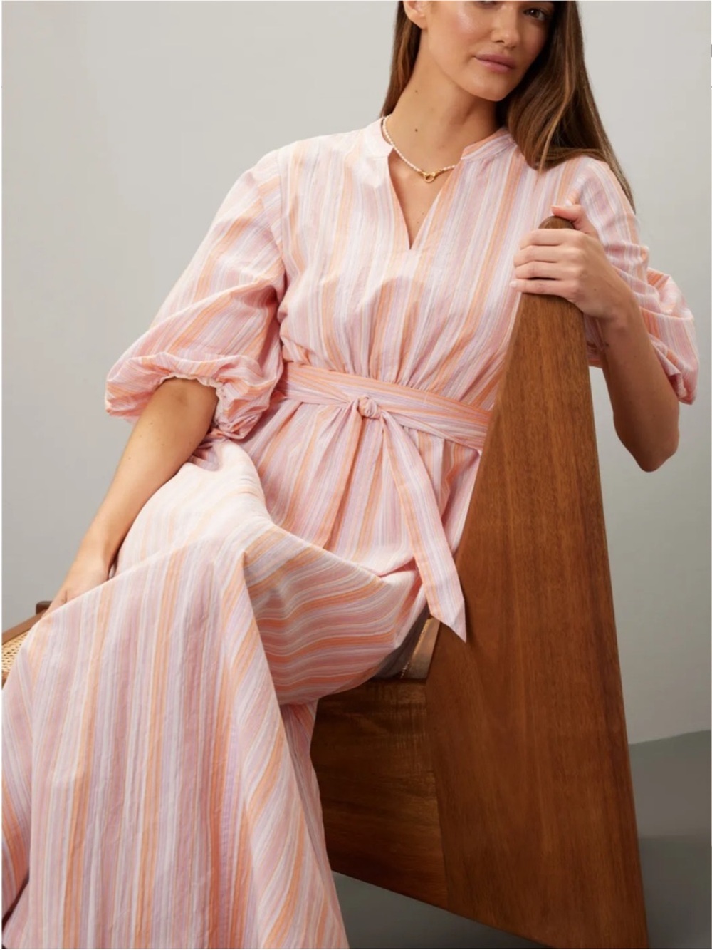 YERSE Bianca Striped Cotton Puff Sleeve Midi Dress M Blanca 57103